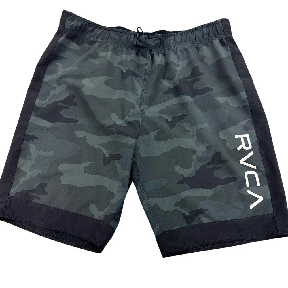 RVCA Swim Trunks Shorts Mens 2XL Green Camo Drawstring Elastic Waist Logo